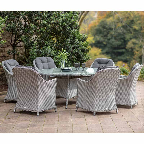 Bramblecrest Wentworth 6 Seat Garden Dining Set in Pewter Rattan with Elliptical Table, 3m Crank Parasol & 15kg Base