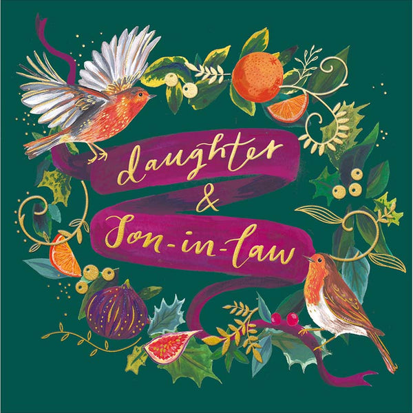 Woodmansterne Daughter & Son-In-Law Feather & Fruit Wreath Christmas Card
