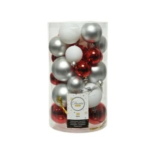 Decoris Shatterproof Baubles in Red, Silver & White (Pack of 30)