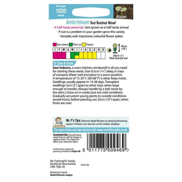 Mr Fothergill's Antirrhinum Rust Resistant Mixed Seeds Pack Details