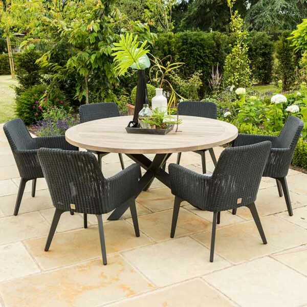 4 Seasons Outdoor Lisboa 6 Seat Round Dining Set in Polyloom Anthracite with Louvre Table