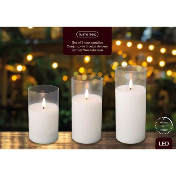 Lumineo Set of 3 White LED Wax Candles Warm White (7.5cm)