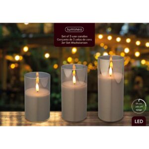 Lumineo Set of 3 Grey LED Wax Candles Warm White (7.5cm dia)