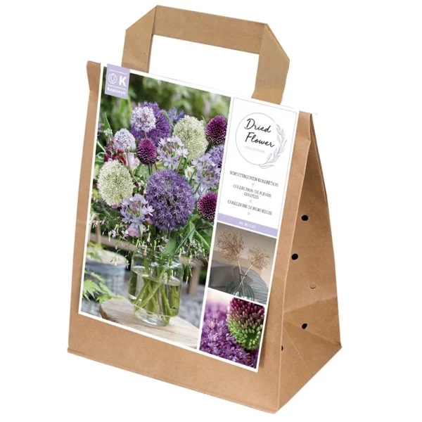 A paper bag containing 40 bulbs that will bloom into flowers that are ideal when dried out.