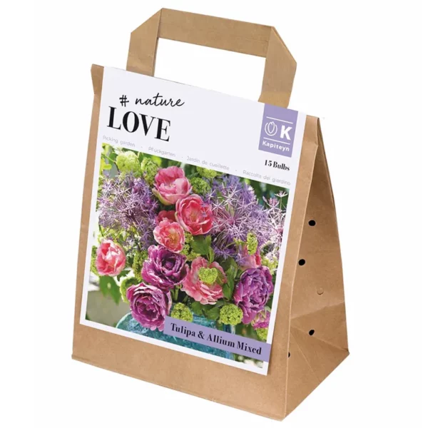 A paper bag containing 15 allium and tulip bulbs. The bag features the word 'LOVE' in large letters and an image of a colourful bouquet.