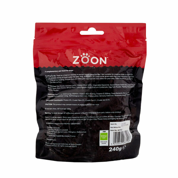 Zoon Rawhide Free 12 Chicken, Sweet Potato & Carrot Mini Bones Dog Treats 240g packaging back