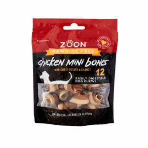 Zoon Rawhide Free 12 Chicken, Sweet Potato & Carrot Mini Bone Dog Treats 240g packaging front