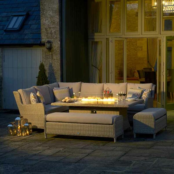 Bramblecrest Chedworth Modular Sofa Set with Rectangular Fire Pit Table in Sandstone with fire pit lit