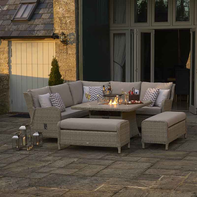 Bramblecrest Chedworth Modular Sofa Set with Square Fire Pit Table in Sandstone with fire pit on