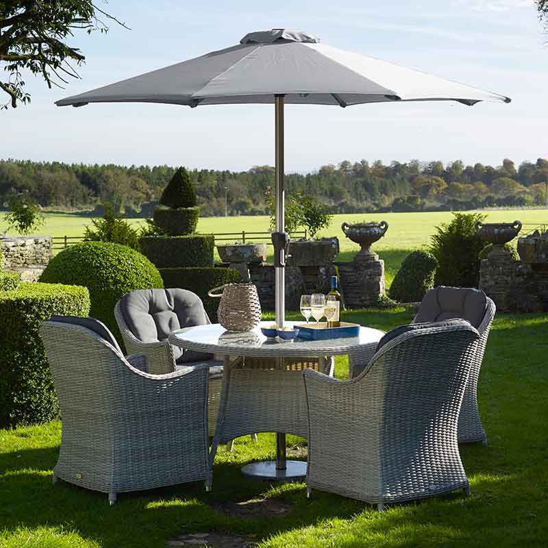 Bramblecrest Monterey 4 Seat Round Dining Set In Dove Grey - 4 Seater Rattan Garden Furniture Set With Parasol