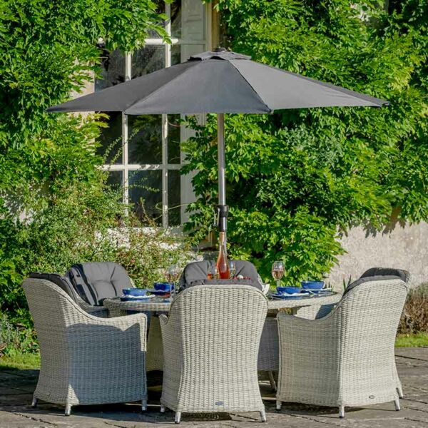 Bramblecrest Monterey 6 Seat Oval Dining Set in Dove Grey with Parasol & Base