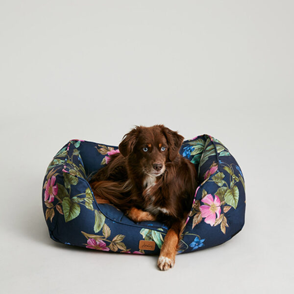 Joules Botanical Floral Box Bed lifestyle with dog