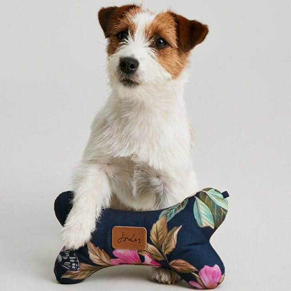 Joules Botanical Floral Comfort Bone Dog Toy lifestyle with dog posing