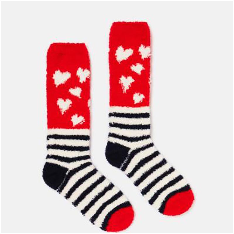 Joules Fabulous Fluffy Socks With Red Heart & Navy Stripes