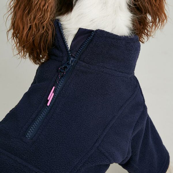 Joules Navy Dog Fleece lifestyle close up of zip fastening