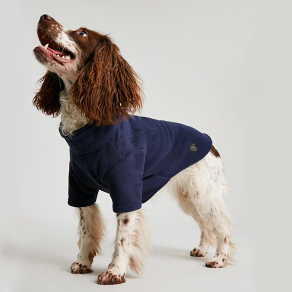 Joules Navy Dog Fleece lifestyle with dog wearing side view