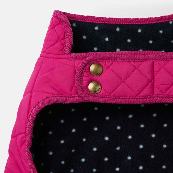 Joules Raspberry Quilted Dog Coat close up of front fastening