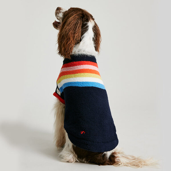 Joules Seaport Chenille Stripe Dog Jumper lifestyle with dog wearing back view