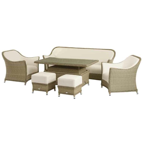 Monte Carlo 3 Seat Sofa with Adjustable Rectangle Casual Dining Table, 2 Sofa Armchairs & 2 Stools