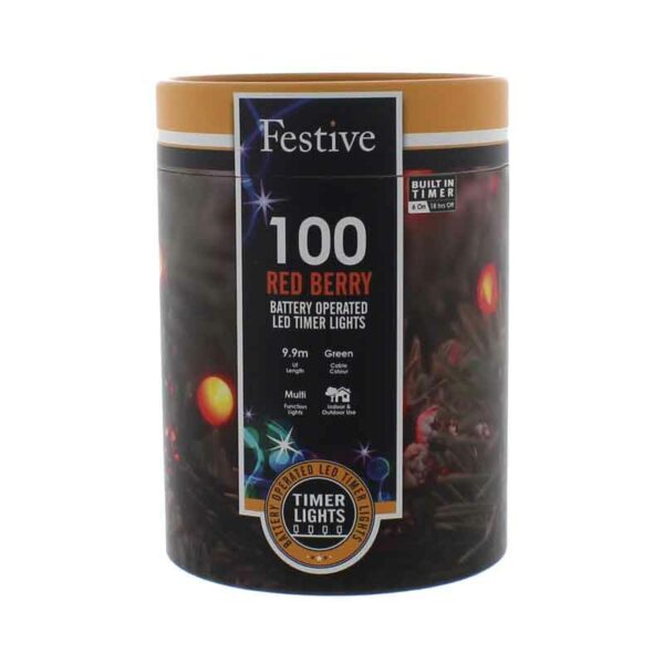 Festive 100 Red Berry LED String Lights with Timer