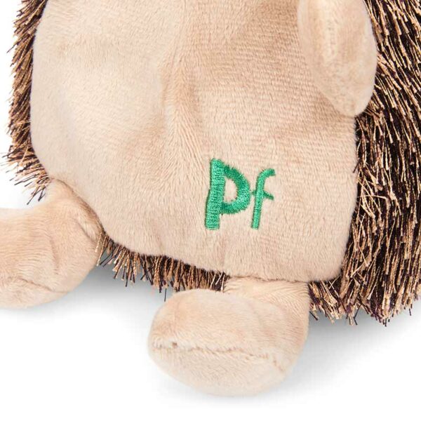 Petface Heston Hedgehog Plush Dog Toy close up of branding