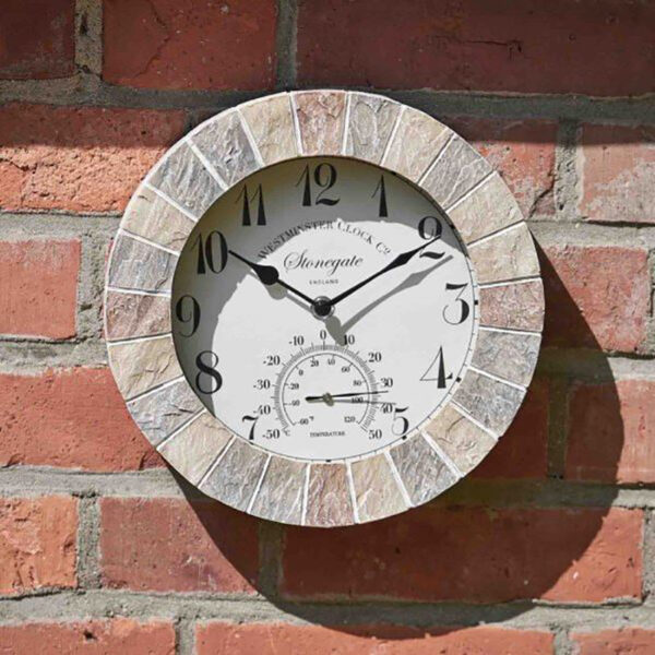 Smart Garden Outside In Stonegate Wall Clock & Thermometer 10 inch Lifestyle