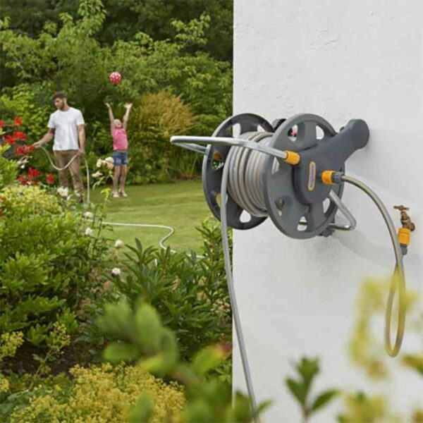 Wall mounted Hozelock Assembled 2-in-1 Hose Reel with 25m hose & nozzle