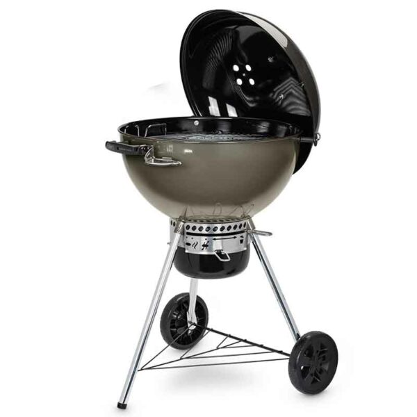 Weber Master-Touch GBS C-5750 Charcoal Grill Smoke Grey Barbecue open lid in holder