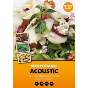 The packshot for a 2kg bag of Acoustic Second Early Seed Potatoes. There is an image of sliced potatoes in a salad and graphics demonstrating their use for boiling, steaming, salads and sautéing.