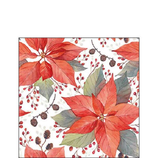 Ambiente Paper Cocktail Napkins - Poinsettia & Berries (Pack of 20)