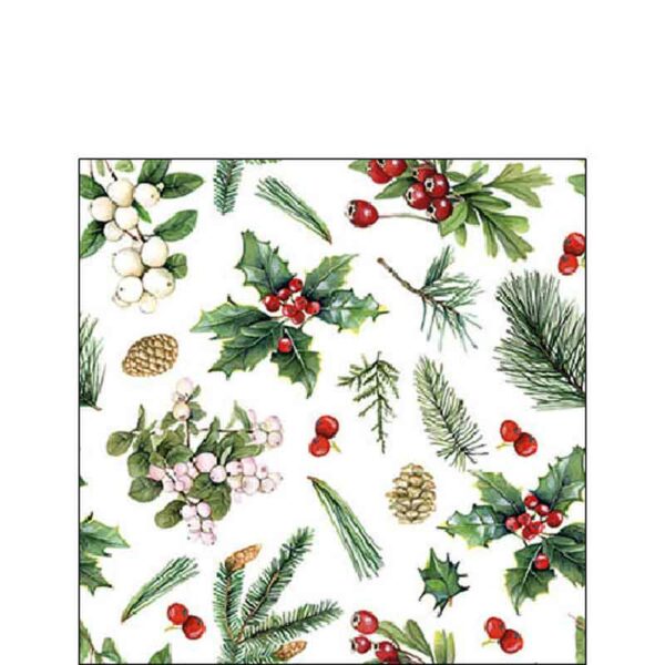 Ambiente Paper Cocktail Napkins - White Winter Greenery (Pack of 20)