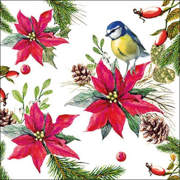 Ambiente Paper Napkins - Bird on Poinsettia (Pack of 20)