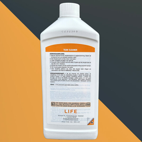 Back of bottle of LIFE Outdoor Living Teak Cleaner & Colour Restorer, 1000 ml