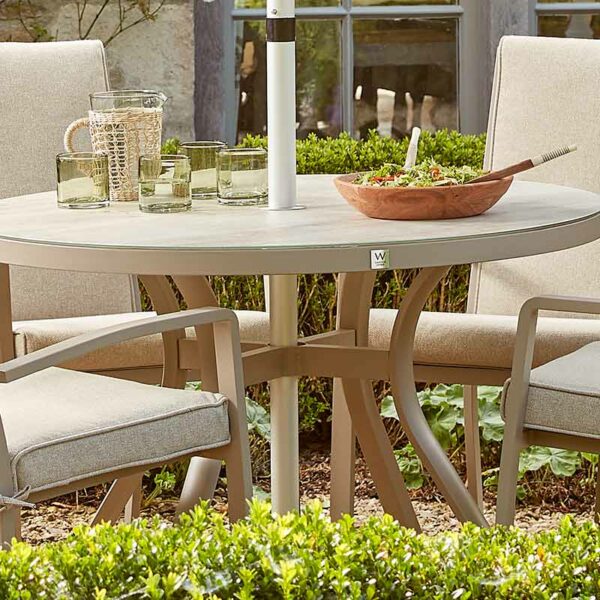 Bali 4 Seat Round Dining Tabletop shown with Parasol