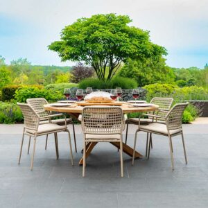 4 Seasons Outdoor Barista 6 Seat Dining Set in Latte with Round 160cm Prado Teak Table