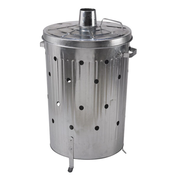 A metal garden bin with a central chimney and air ventilation holes.