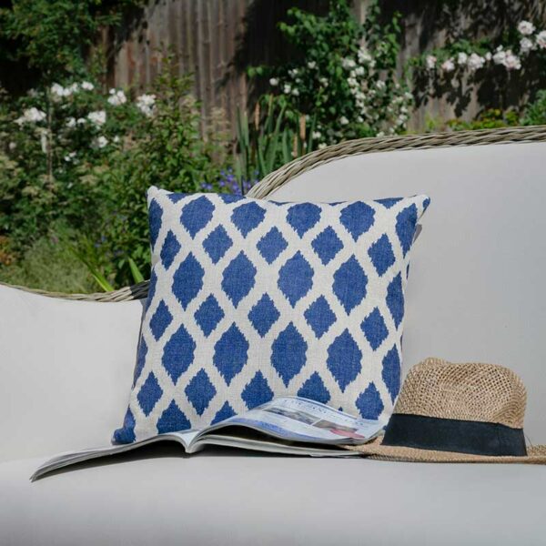 Blue Trellis Square Scatter Cushion in use