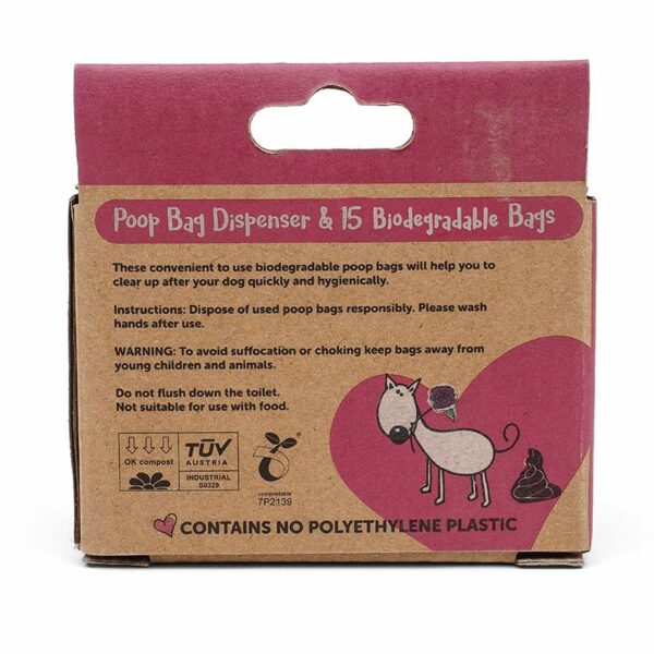Box details of Zoon Poop Bag Dispenser & 15 Rose Scented Biodegradable Bags