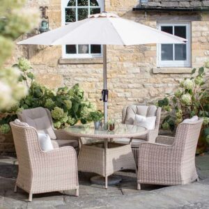 Bramblecrest Chedworth 4 Seat Garden Dining Set in Sandstone with Round Table, Parasol & Base