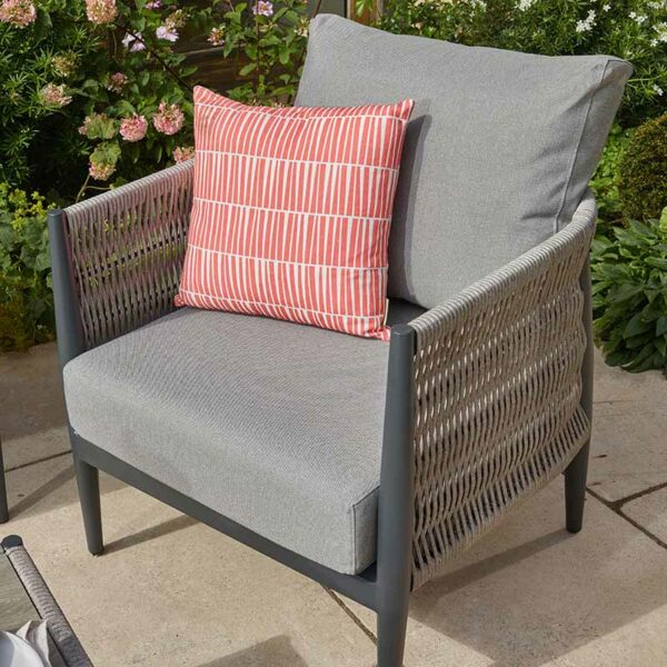 Bramblecrest Coral Shard Scatter Cushion in use on Mauritius armchair