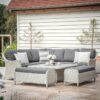 Bramblecrest Monterey Curved Modular Lounge Set in Dove Grey with Square Ceramic Top Adjustable Table & 2 Benches. Table set low for drinks