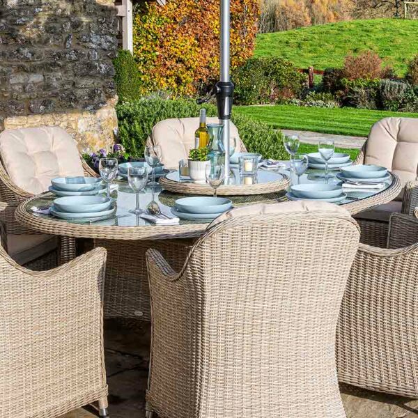 Bramblecrest Monterey Sandstone 8 Seat Elliptical Dining Set with Lazy Susan, Parasol & Base