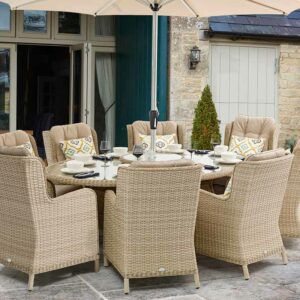 Bramblecrest Somerford 8 Seat Elliptical Garden Dining Set in Sandstone with Lazy Susan, 3m Parasol & Base