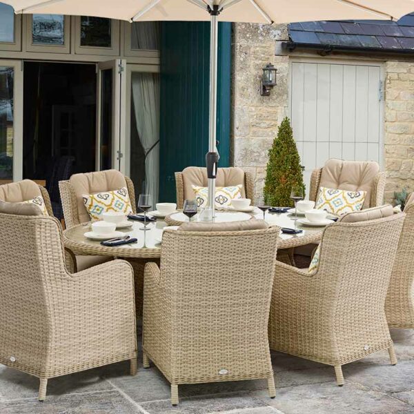 Bramblecrest Somerford 8 Seat Elliptical Garden Dining Set in Sandstone with Lazy Susan, 3m Parasol & Base