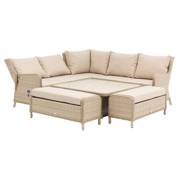 Bramblecrest Somerford Reclining Garden Sofa Set in Sandstone with Square Adjustable Table & 2 Benches shown low for coffee in recline position
