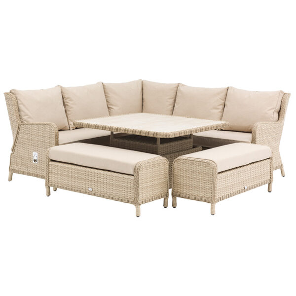 Bramblecrest Somerford Reclining Garden Sofa Set in Sandstone with Square Adjustable Table & 2 Benches showing table set high for dining