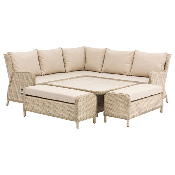 Bramblecrest Somerford Reclining Garden Sofa Set in Sandstone showing Adjustable Table set low for coffee