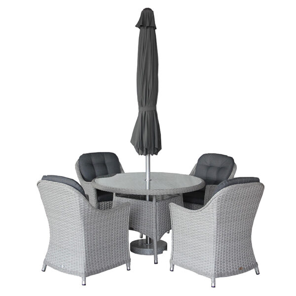 Bramblecrest Wentworth 4 Seat Outdoor Dining Set in Pewter Rattan with Round Table, 2.5m Parasol & Base