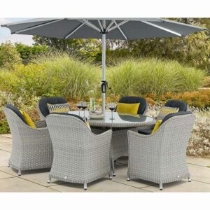 Bramblecrest Wentworth 6 Seat Garden Dining Set in Pewter Rattan with Elliptical Table, 3m Crank Parasol & 15kg Base (scatters not included)