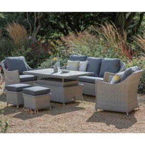 Bramblecrest Wentworth 7 Seater Lounge Set with 3 Seater Sofa, Dual Height Rectangular Table, 2 Sofa Chairs & 2 Stools in Pewter Rattan